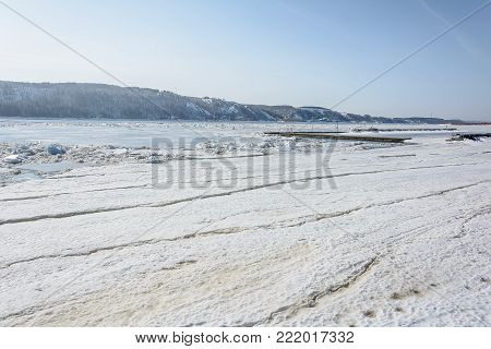 Huge chunks of ice on the river during the ice drift