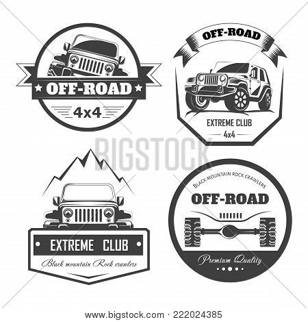 Off-road 4x4 extreme car club logo templates. Vector symbols and icons of off road car or truck with wheel tires and motor engine piston for mountain or rock crawlers club