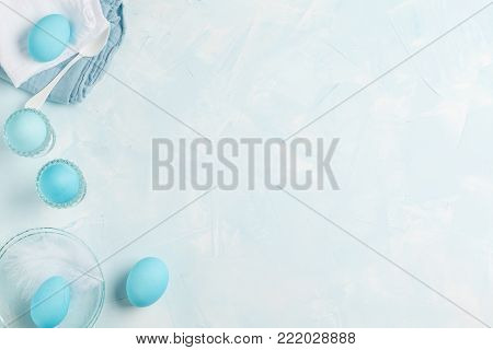 Tender white blue Easter decoration, painted Easter eggs. Copy space, Ester holiday poctcard concept.