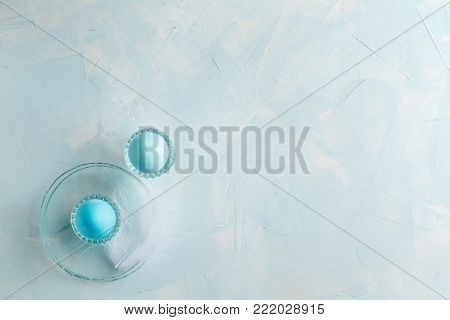 Tender white blue Easter decoration, painted Easter eggs. Copy space, Ester holiday poctcard concept.