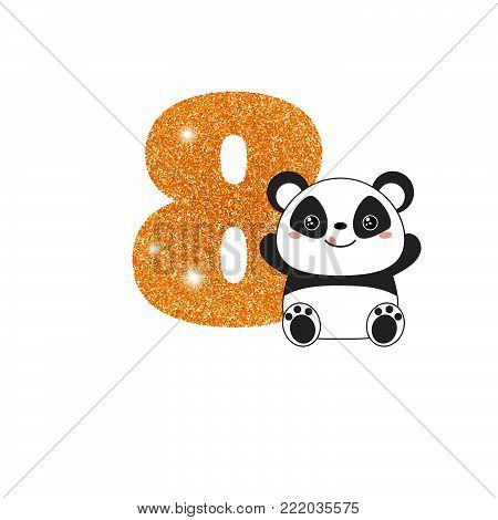 Gold glittering number eight. Birthday anniversary number with cute panda. Birthday template with panda for greeting cards, invitations.