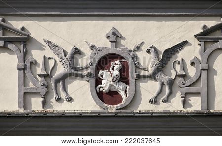 Close-up of top of Gate of Dawn in Vilnius, Lithuania