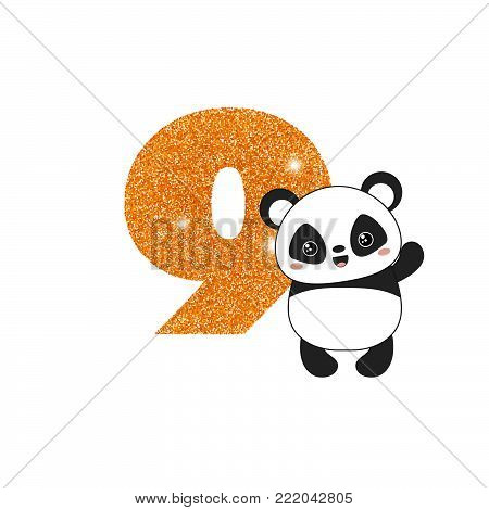 Gold glittering number nine. Birthday anniversary number with cute panda. Birthday template with panda for greeting cards, invitations.