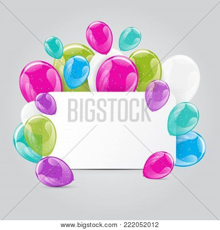 Set of colorful glossy hellium balloons with white paper for text. Party invitation, presentation, birthday party invitation template