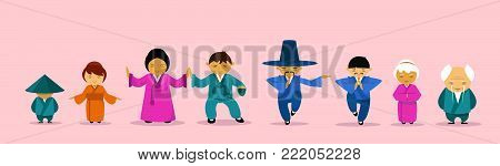 Asian Family Wearing Traditional Clothes Cartoon Childern And Parents East Tradition And Culture Concept Flat Vector Illustration