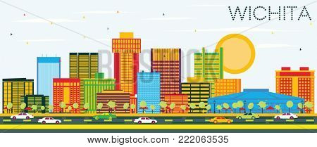 Wichita Kansas USA City Skyline with Color Buildings and Blue Sky. Business Travel and Tourism Concept with Modern Architecture. Wichita Cityscape with Landmarks.