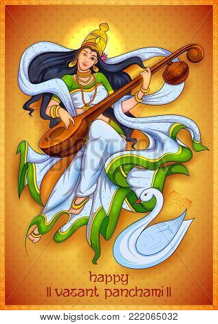 illustration of Goddess of Wisdom Saraswati for Vasant Panchami India festival background