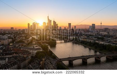 panoramic view of the Frankfurt business district at sunset . ideal for websites and magazines layouts