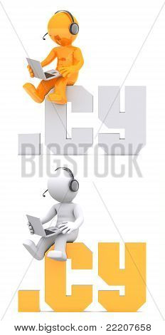 3D Character Sitting On .cy Domain Sign.
