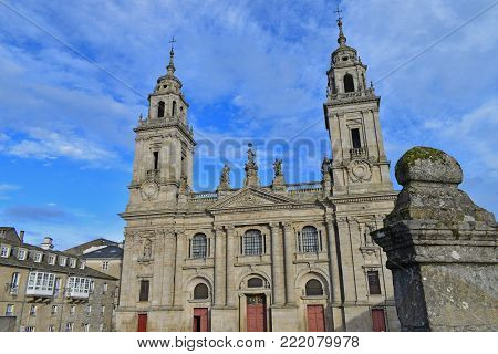 Lugo, Galicia, Spain. 01/13/2018: Facade of the Cathedral of Saint Maria