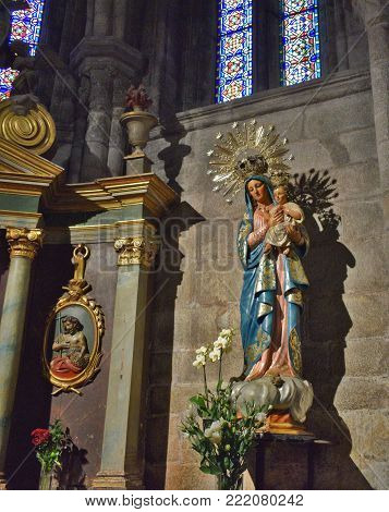 Lugo, Galicia, Spain. 01/13/2018: Portrait of a statue of the Saint Mary with the Sacred Heart of Jesus, located in the cathedral of Lugo