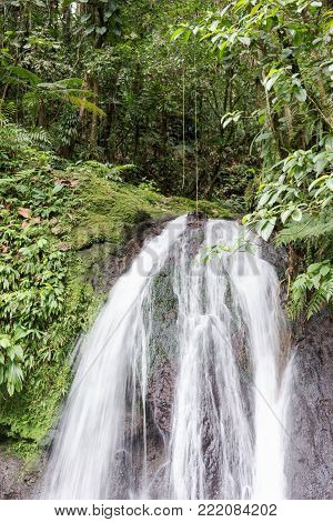 Beautiful waterfall with name Cascades aux Ecrevisses. Guadeloupe, Caribbean Islands
