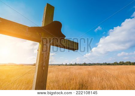 wooden cross in to the High Fens at autumn on a sunny day. ideal for websites and magazines layouts