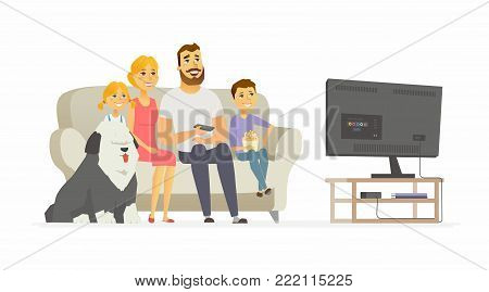 Happy family watching TV - modern cartoon people characters illustration isolated on white background. Mother with two children, husband, bobtail dog sitting together on a sofa, having a good time