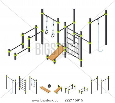 Street workout area. Outdoor athletic gym equipment set isolated on white. Sport park constructor. Isometric vector illustration.