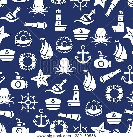Ocean or sea seamless pattern with anchor boat bottle shell octopus. Ocean patetrn with bottle marine animal. Vector illustration