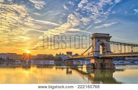 Budapest sunrise city skyline at Budapest Chain Bridge and Danube River, Budapest, Hungary