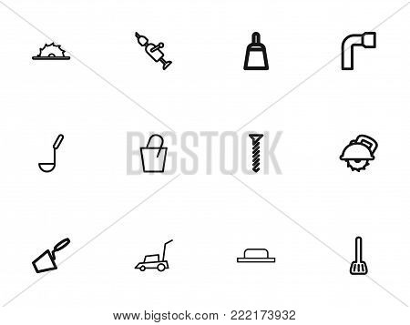 Set of 12 editable instrument icons line style. Includes symbols such as lawn mower, cuisine utensil, soup ladle and more. Can be used for web, mobile, UI and infographic design.