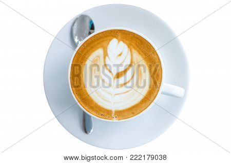 Hot coffee latte with latte art isolated on white