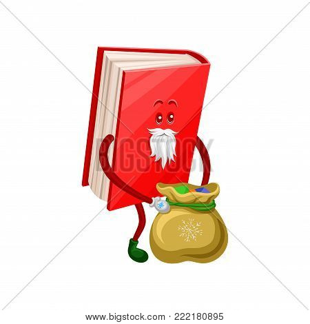 Funny humanized Santa Claus book character with bag of gifts cartoon vector Illustration on a white background