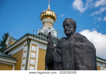 Monument to St. Nicholas the Wonderworker. Volgoverkhovye Olginsky convent. Tver Region. Source Volga river