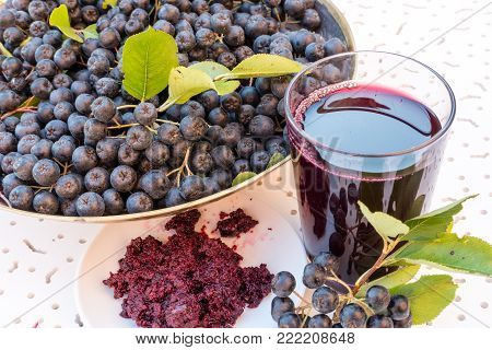 Closeup of fresh juice and jam of ripe black chokeberry (Aronia melanocarpa) in glass and berry in pot on white textured background