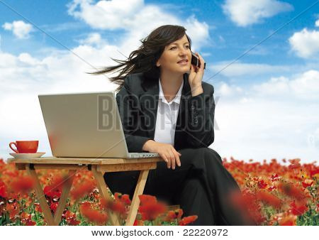 businesslady avec ordinateur portable travaille dans un champ plein de coquelicots. Mot clé unique pour cette collection j'ai