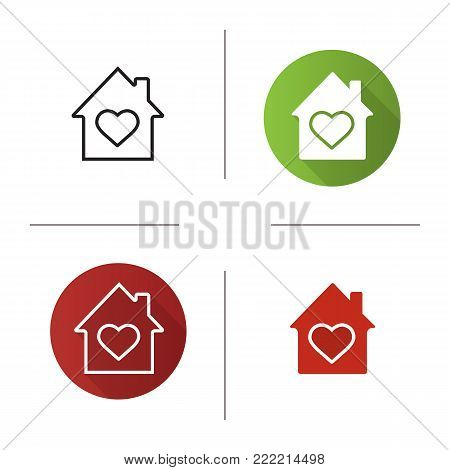 House with heart inside icon. Flat design, linear and glyph color styles. Family house. Warm, comfort and safe residence. Isolated vector illustrations