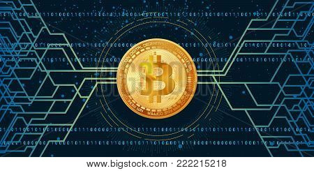 Horizontal web banner with golden bitcoin and dark background with digital connection lines