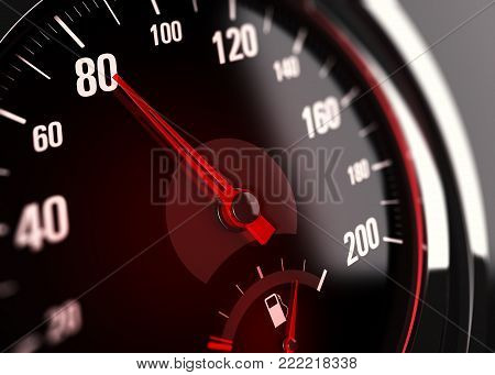 3d illustration of a speedometer with needle pointing the number 80.