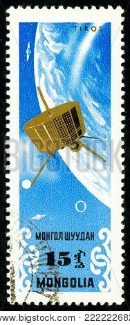 Ukraine - circa 2018: A postage stamp printed in Mongolia show Weather satellite Tiros 1963. Series: Exploration of the universe. Circa 1964.