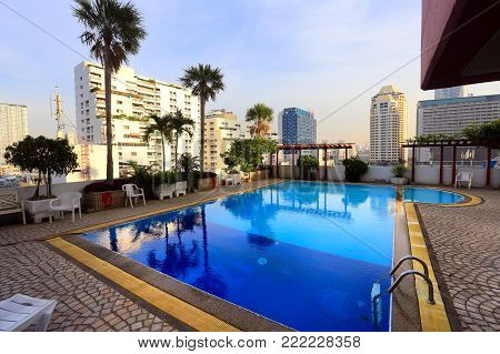 Bangkok, Thailand - December 15, 2015: Beautiful, Comfortable, Modern Hotel With A Swimming Pool In