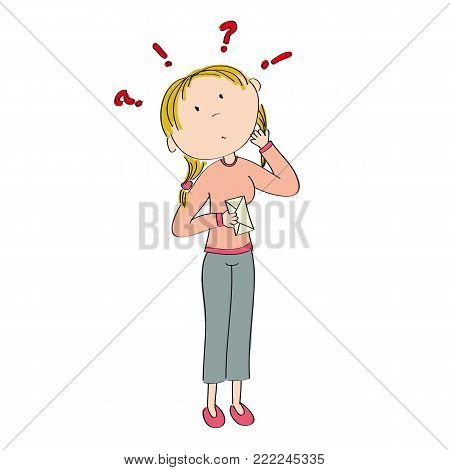 Young girl holding an envelope and wondering what is inside - original hand drawn illustration