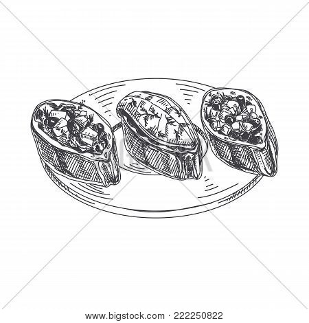 Beautiful vector hand drawn finger food Illustration. Brushetta Detailed retro style images. Vintage sketch element for labels and cards design.