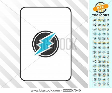 Electroneum playing card icon with 7 hundred bonus bitcoin mining and blockchain pictures. Flat vector style for gambling and crypto currency apps.