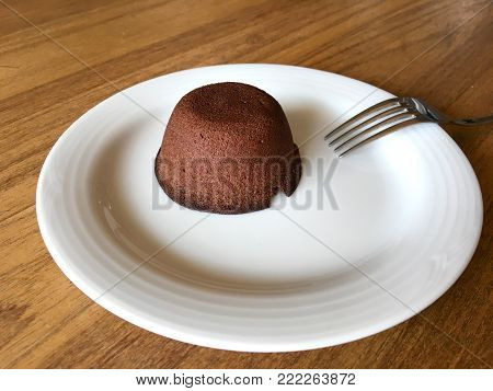Petit Gateau. Baked chocolate dessert on white dish.
