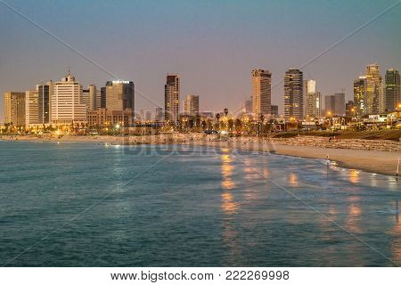 TEL AVIV ISRAEL November 2016: Tel Aviv city coastline at night, Israel.