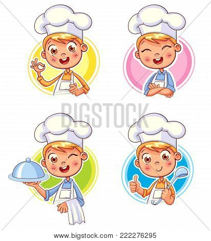Collection happy smiling Chef Cook. Child in a cook's cap and with a towel, holds a ladle. Kid makes gesture OK, holding dish with food. Logo design template for baby food. Funny cartoon character