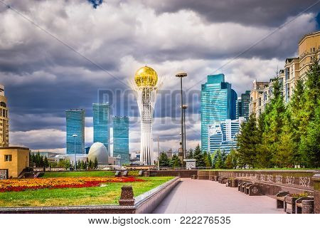 Astana, Kazakhstan - August 10, 2017: View to Bayterek and Astana cityscape. capital city of Kazakhstan