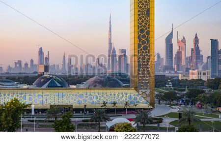 Dubai, United Arab Emirates, January 13th, 2018: Dubai Frame building at sunrise