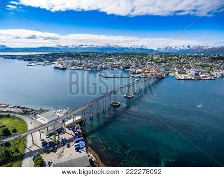 Bridge of city Tromso, Norway aerial photography. Tromso is considered the northernmost city in the world with a population above 50,000.