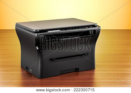 office multifunction printer MFP on the wooden table. 3D rendering