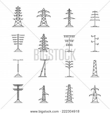 Electrical tower high voltage icons set. Outline illustration of 25 electrical tower high voltage vector icons for web