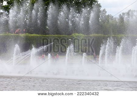 Multimedia Fountain in front of the Centennial Hall, Wroclaw, Poland. Built in 2009, it is currently one of the largest operating fountains in Europe