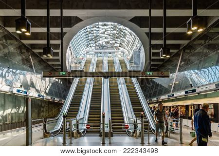 Budapest, Hungary - August 14, 2017: Interior view of Bikas Park Station, a Budapest Metro station in line 4. This station opens towards the sky with a glazed dome, illuminating the main access.