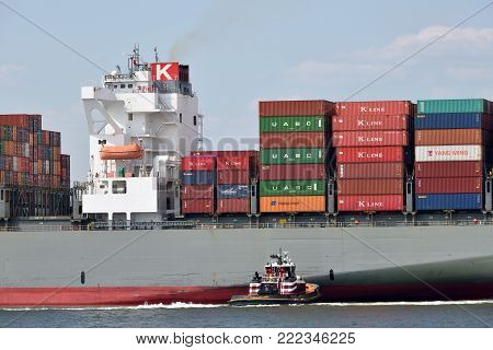 NEW YORK CITY - AUG. 27: Container Ship Houston Brige on August 27, 2017 in New York City, NY. Vessel Houston Brige is a container ship built in 2012 and currently sailing under the flag of Panama.