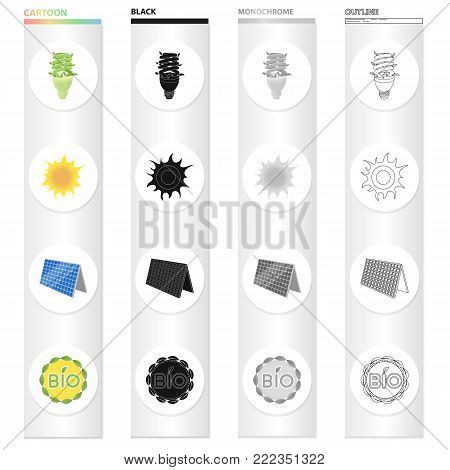 Economical light bulb, solar battery, sun, bio label. Ecology set collection icons in cartoon black monochrome outline style vector symbol stock illustration .