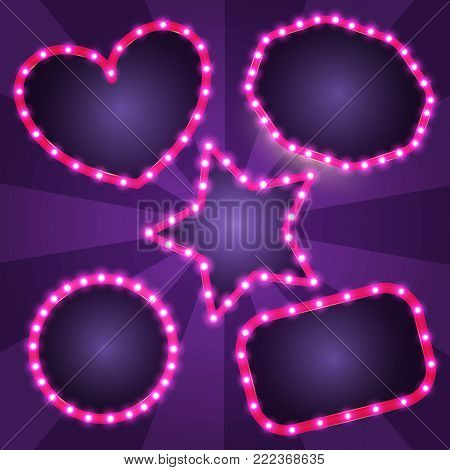Set of five Retro Frames with lights. Vector illustration.