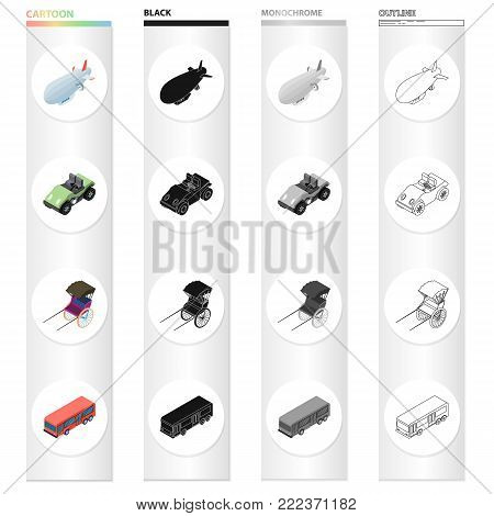Air transport, airship, golf cart, rickshaw, bus. Transport set collection icons in cartoon black monochrome outline style vector symbol stock illustration isometric .