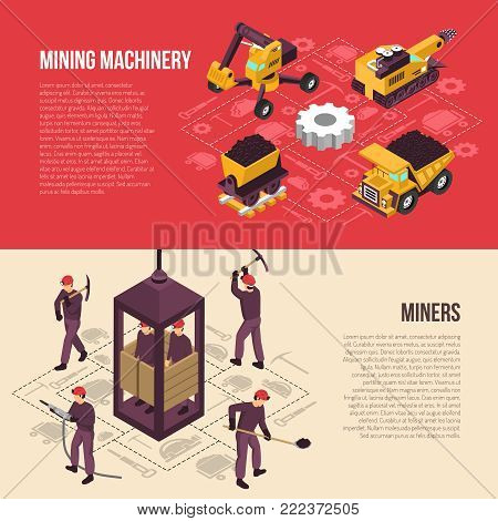 Coal mining industrial workers equipment and machinery  isometric horizontal banners set with flowchart elements isolated vector illustration